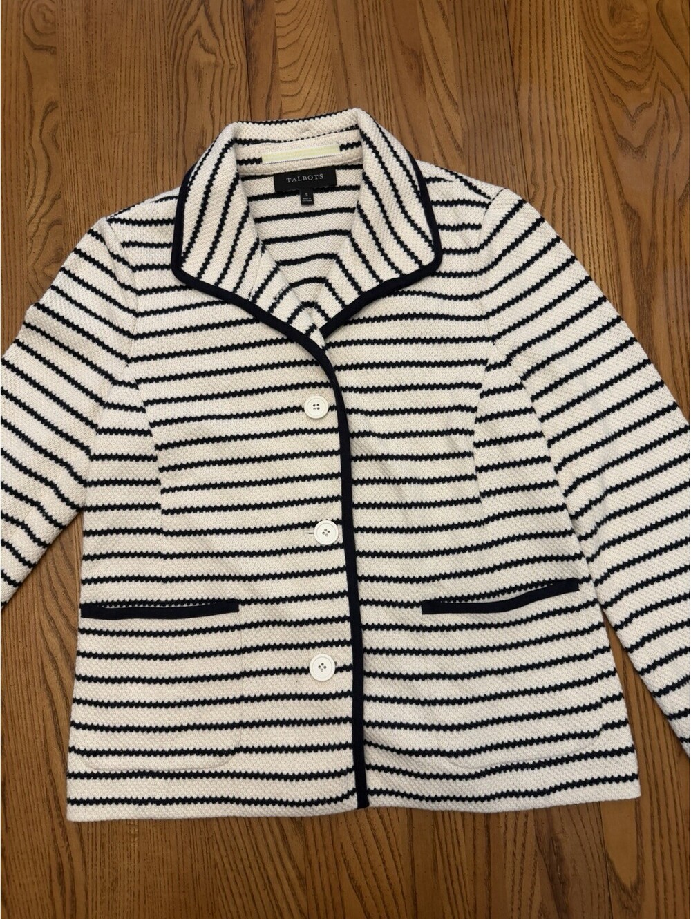 Talbots Womens Navy White Striped Knit Blazer Jacket 3/4 Sleeve Size S Classic
